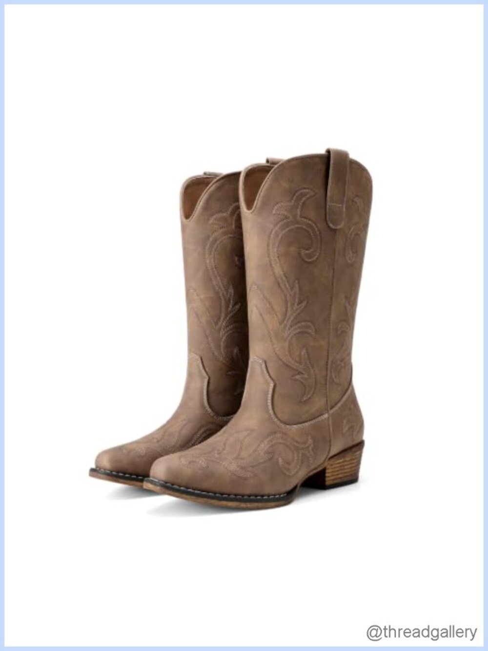 Women's Western Cowboy Mid Calf Boots Vegan Leather Square Toe Slip-On